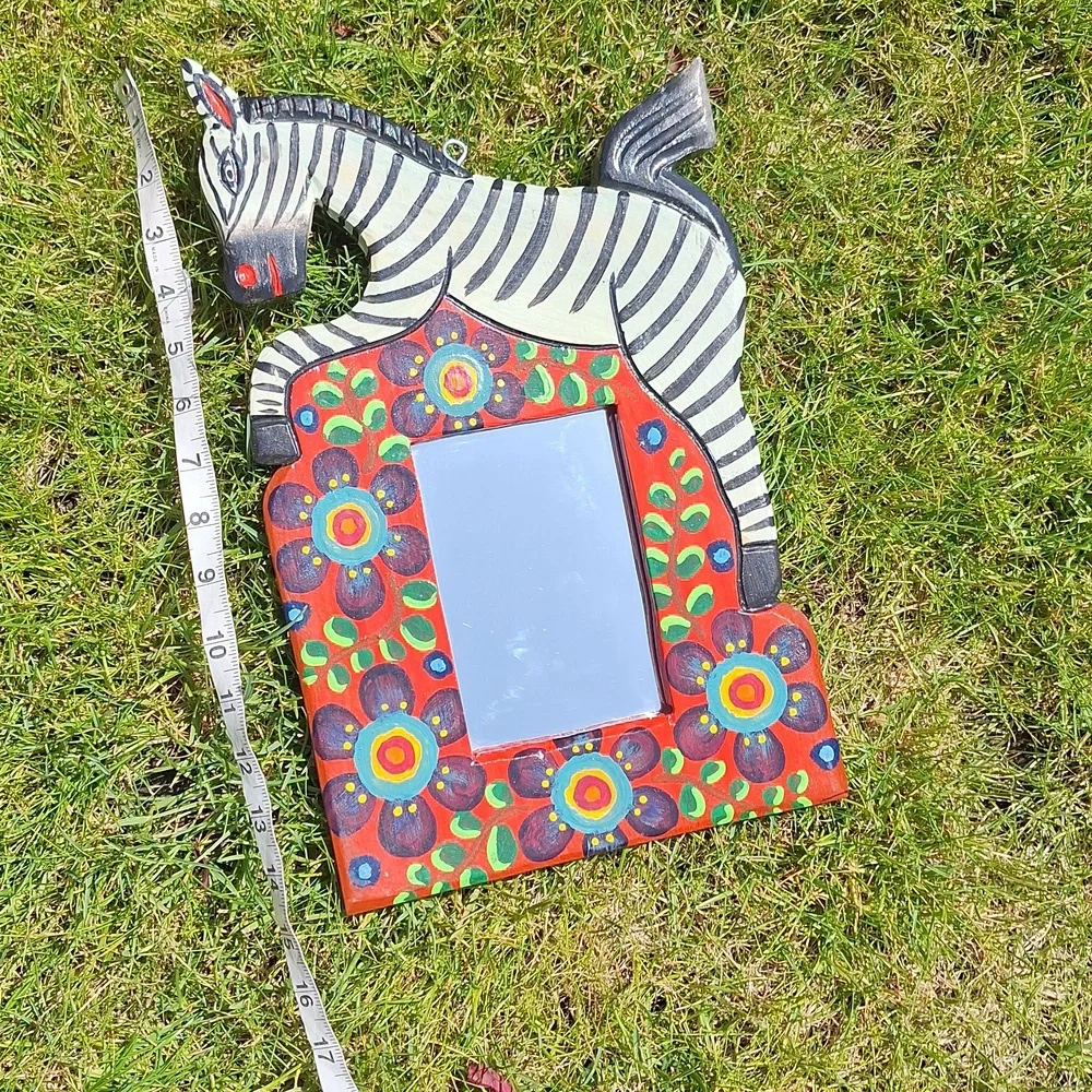 Vintage Folk Art Carved Zebra Wooden Mirror Colorful Floral Boho Handmade